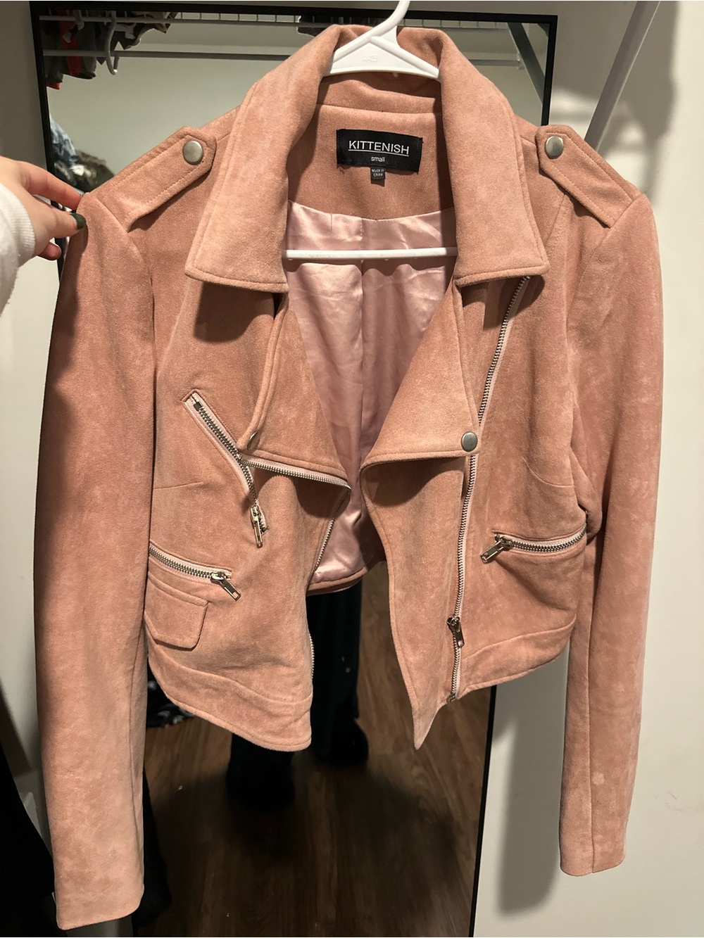 Kittenish Pink Suede Moto Jacket with Silver Hardware
